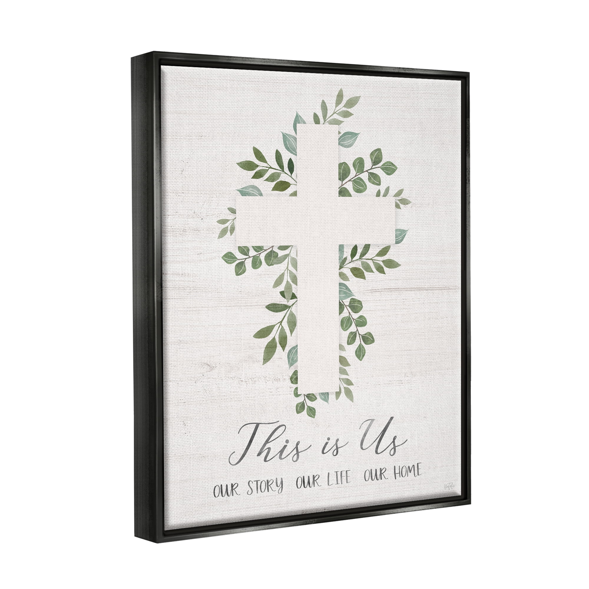 Stupell Industries This Is Us Botanical Cross Symbol Religious Painting Black Floater Framed Art Print Wall Art