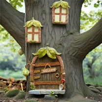 Glow in The Dark Fairy Door and Windows for Trees Miniature Fairy Garden Accessories Vintage Resin Fairy House Decor with Lantern Outdoor Garden Ornament for Tree Trunks Walls Kids Room