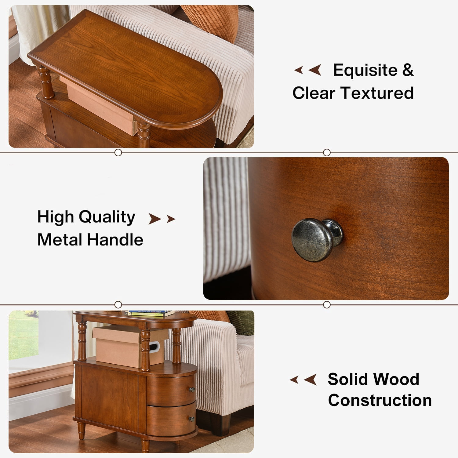 Solid Wood End Table with 2 Drawers, Narrow Sofa Side Table Slim Chair Side Table with Storage Shelf, Vintage Slim Nightstand Bedside Table (Beewax Tone）