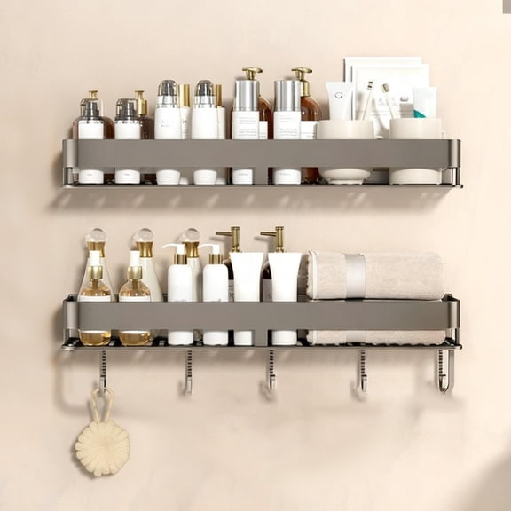 Bathroom Storage Rack Punch-Free Towel Shelf | Aluminum Organizer with Hooks | Gray 12x5in | Rustproof, Ventilated, Wall Mount | Cosmetics & Toiletry Space Saver, Easy Clean, Modern Design