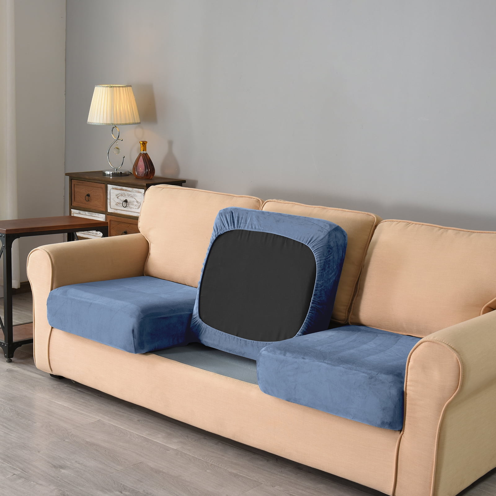 Eurhowing Velvet Sofa Slipcover, Pet-Friendly Stretch Couch Cover with Non-Slip Bottom & Cushion Covers, Washable Furniture Protector for Armchair, Denim Blue