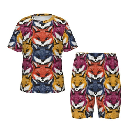 Luyuia Fox Face Print Girls  2-Piece Tie-Dye Pajama Set  Cute Summer Loungewear with Shirt and Tank Shorts Nightwear-XX-Large