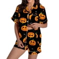 thumbnail image 2 of siminsem Short Sleeve Satin Pajama Set with Graphic Print for Women Button Front Top and Matching Shorts 2 Piece Cute Sleepwear Loungewear Nightwear, Black,XXXL, 2 of 5