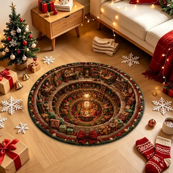 Christmas 3D Rug Round Optical Illusion Non-Slip,Non-Slip & Wear-Resistant, Machine Washable, Indoor Entryway Use, Festive Holiday Decor