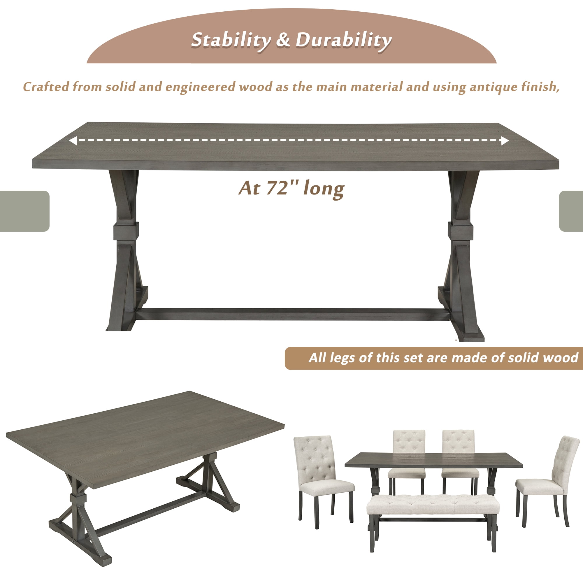 Howcool 6-Piece Farmhouse Dining Set, 72" Rectangular Wood Table, 4 Upholstered Chairs & Bench, Gray
