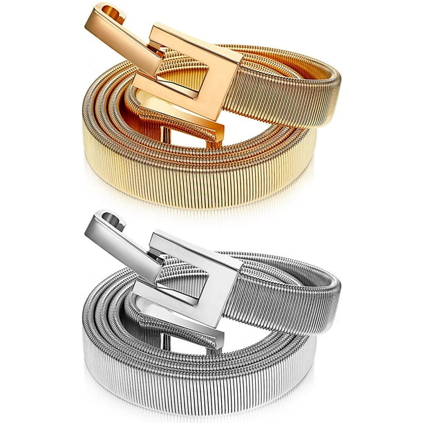 KSCD 2 Pieces Women Skinny Metal Cinch Belt Metal Lock Waistband Elastic  Waist Belt Adjustable Stretch Chain Belt - - 