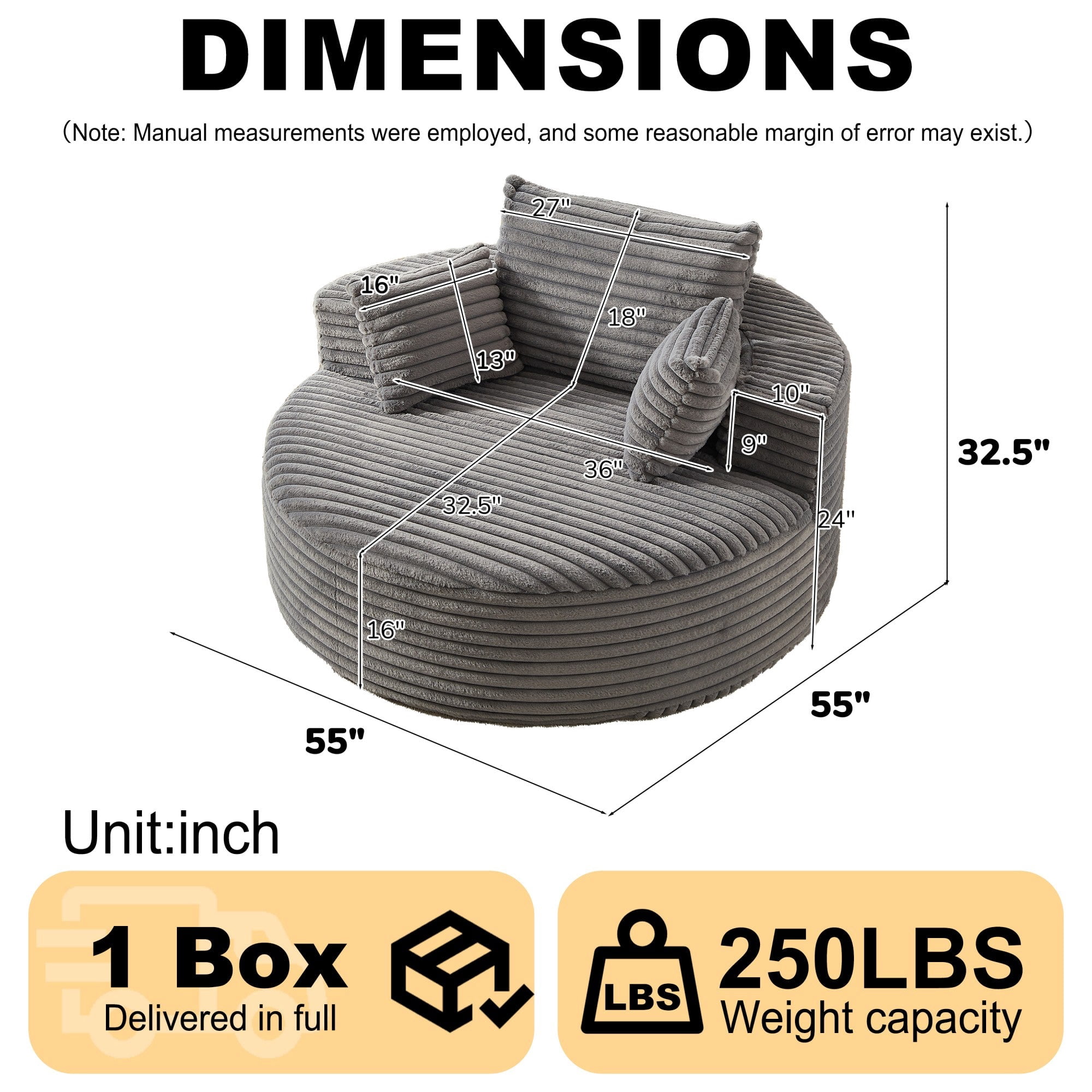 Sailvan 55" Modern Corduroy Single Seater Lounge Chair, Modular Cloud Sofa with Enveloping Pillows, No Assembly Lazy Chair for Living Room Grey