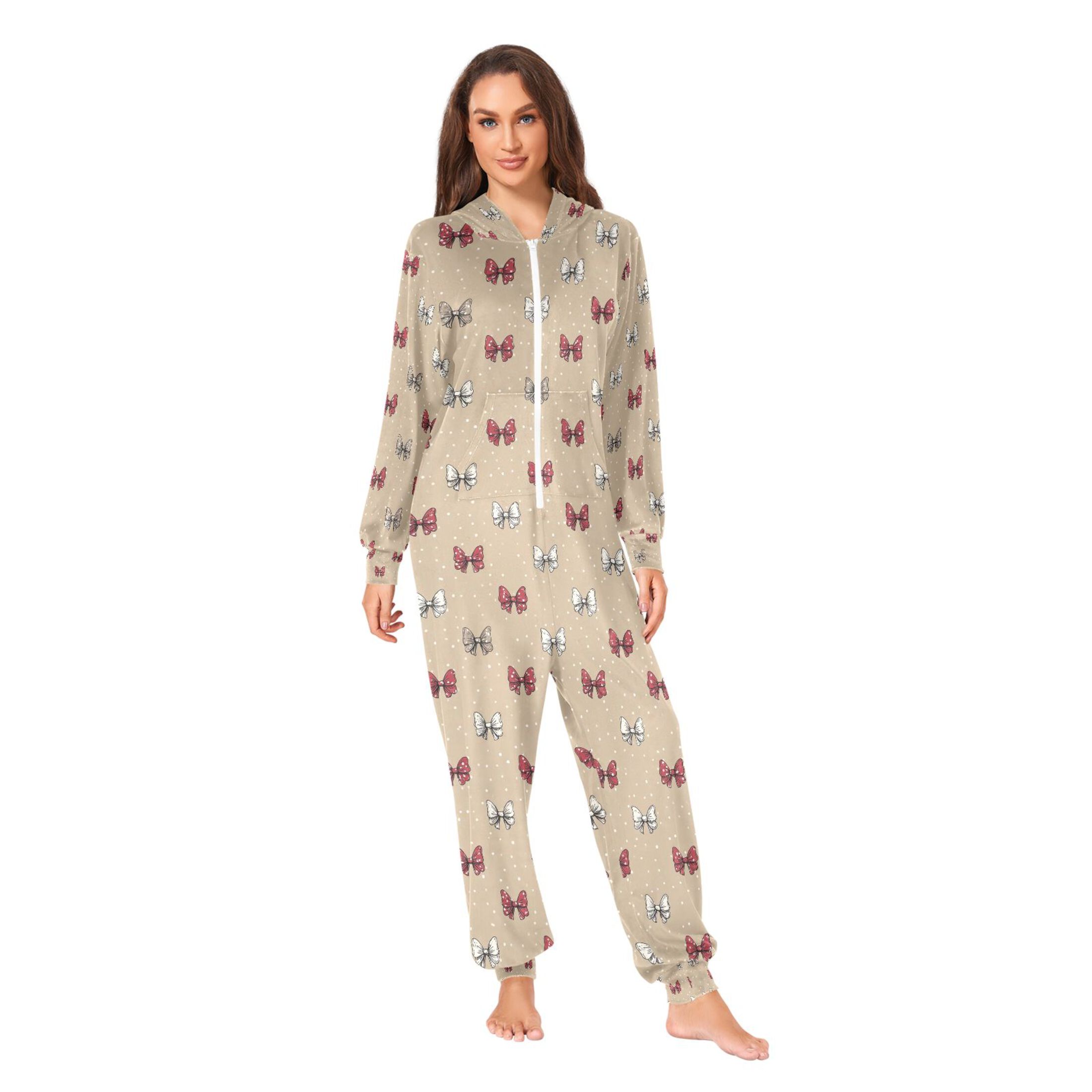 Adult Christmas Onesie Mouse Bow Adult Zipper One-Piece Pajamas Unisex Pajamas with Pockets