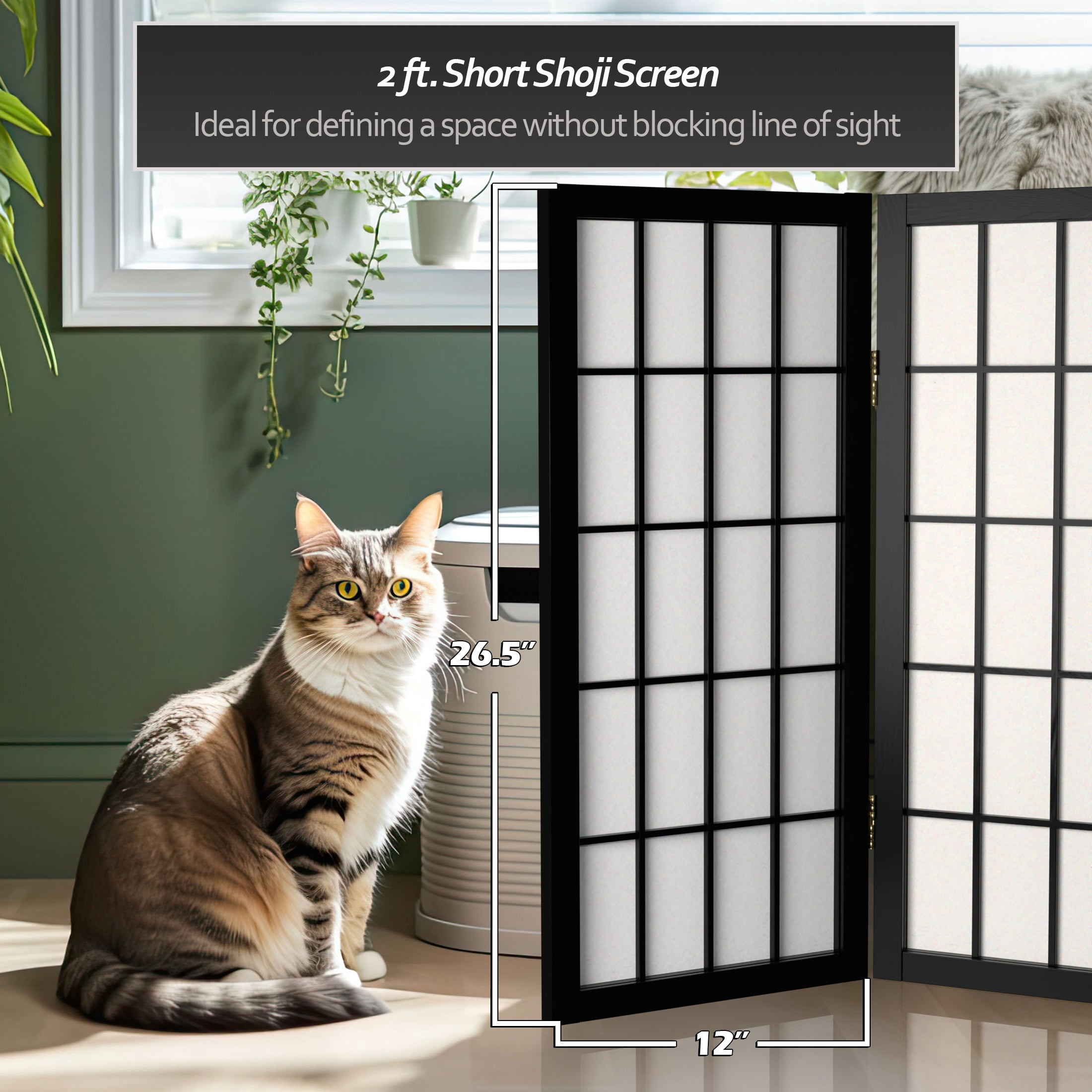 2 ft. Tall Desktop Window Pane Shoji Screen - Black - 3 Panels
