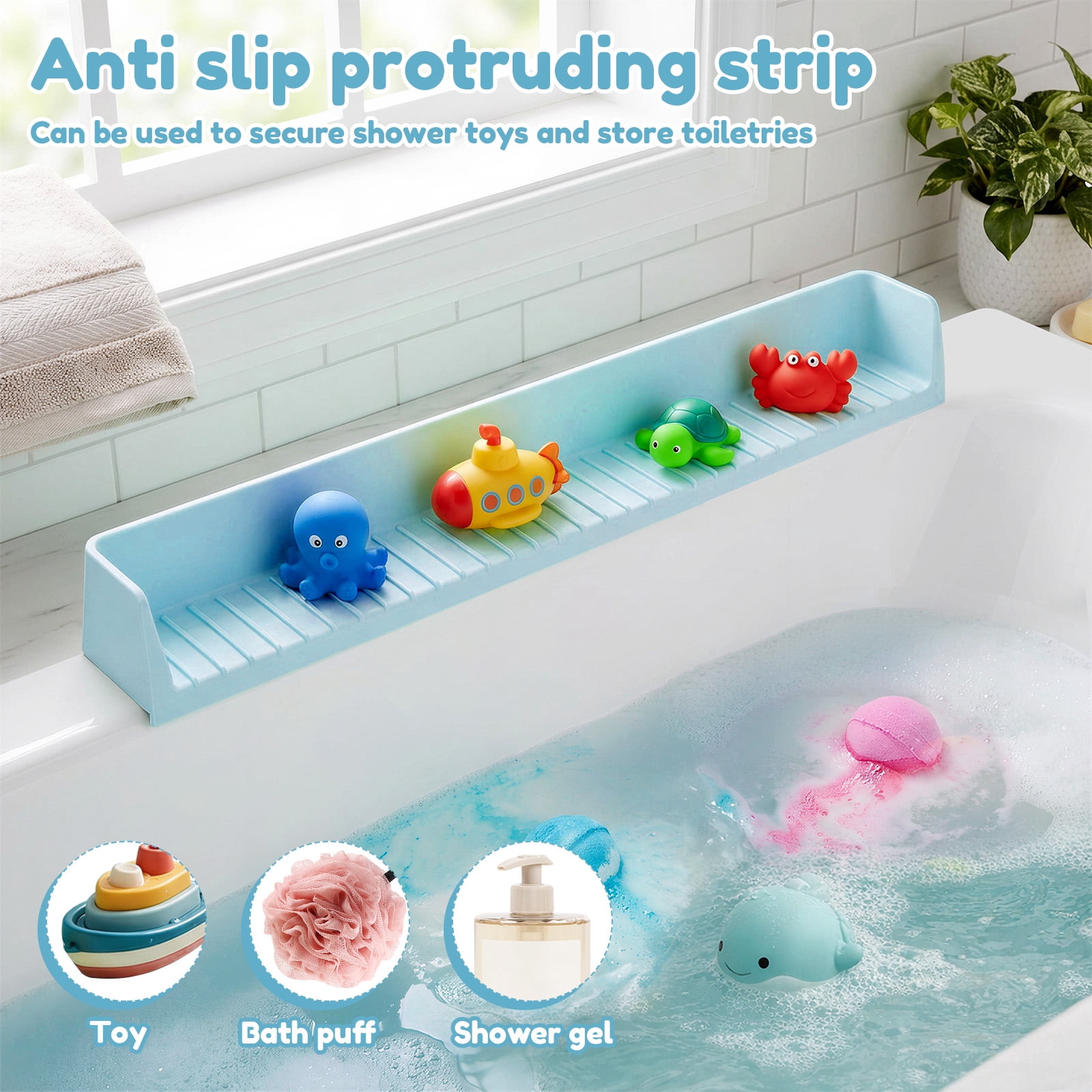 Ikoopy Splash Guard for Bathtub Kids Silicone Bathtub Sky Blue Splash Guard with Suction Cups Bath Tub Play Shelf for Kids and Toy Holder Avoid Water Spill in Bathroom Fun Bath Time for Toddler Baby