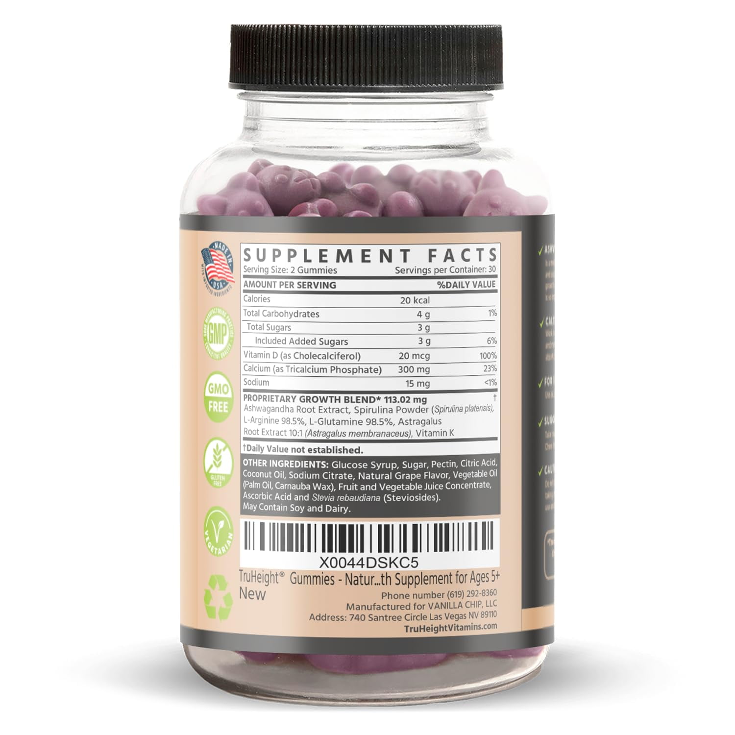 TruHeight Growth Gummies (Grape) Tall Nutrition for Natural Growth Supplement for Kids & Teens - Vitamin D, K, Calcium & Ashwagandha, Bone Strength Vitamins D3 K2, Picky Eater, Taller Ages 5+