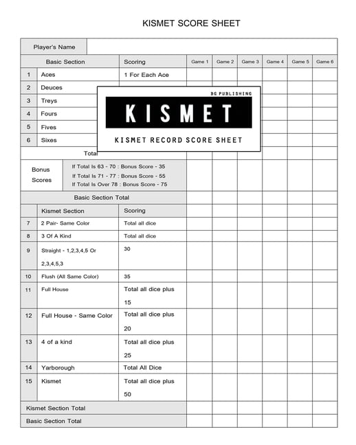 BG Publishing Kismet Score Sheet Kismet Scoring Game Record Level