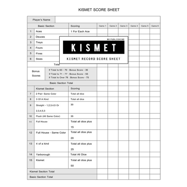 BG Publishing Kismet Score Sheet Kismet Scoring Game Record Level