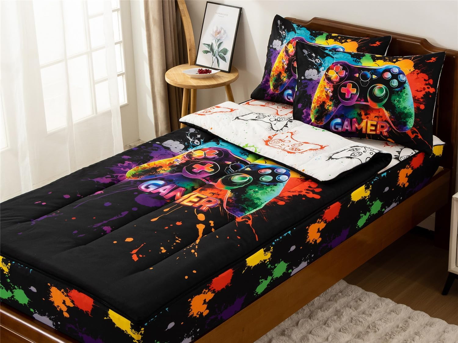 NTBED Gamer Printed Zipper Bedding Sets Twin for Kids Boys Lightweight Microfiber Tie Dye Comforter Set with Fitted Sheet Pillow Covers,Multi