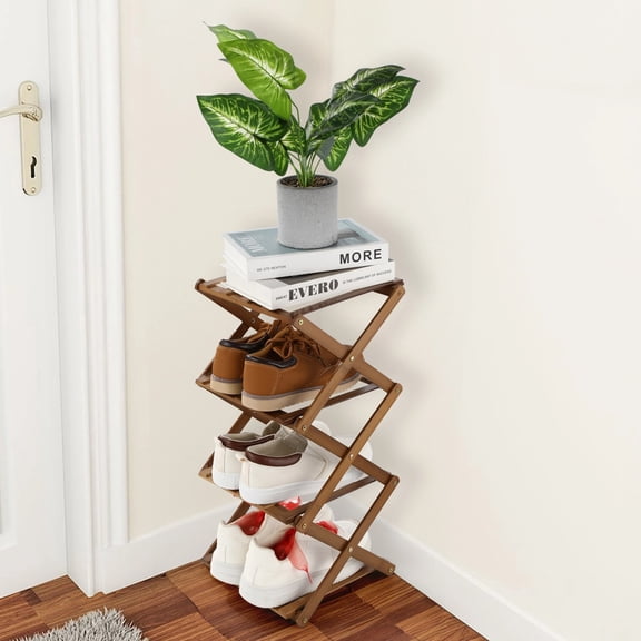 4-Tier Vertical Foldable Shoe Rack, Space-Saving Wood Rack Organizer, No Installation Required, Narrow Design for Entryway, Closet, and Living Room, 21 x 9.5 x 9.5 in Brown