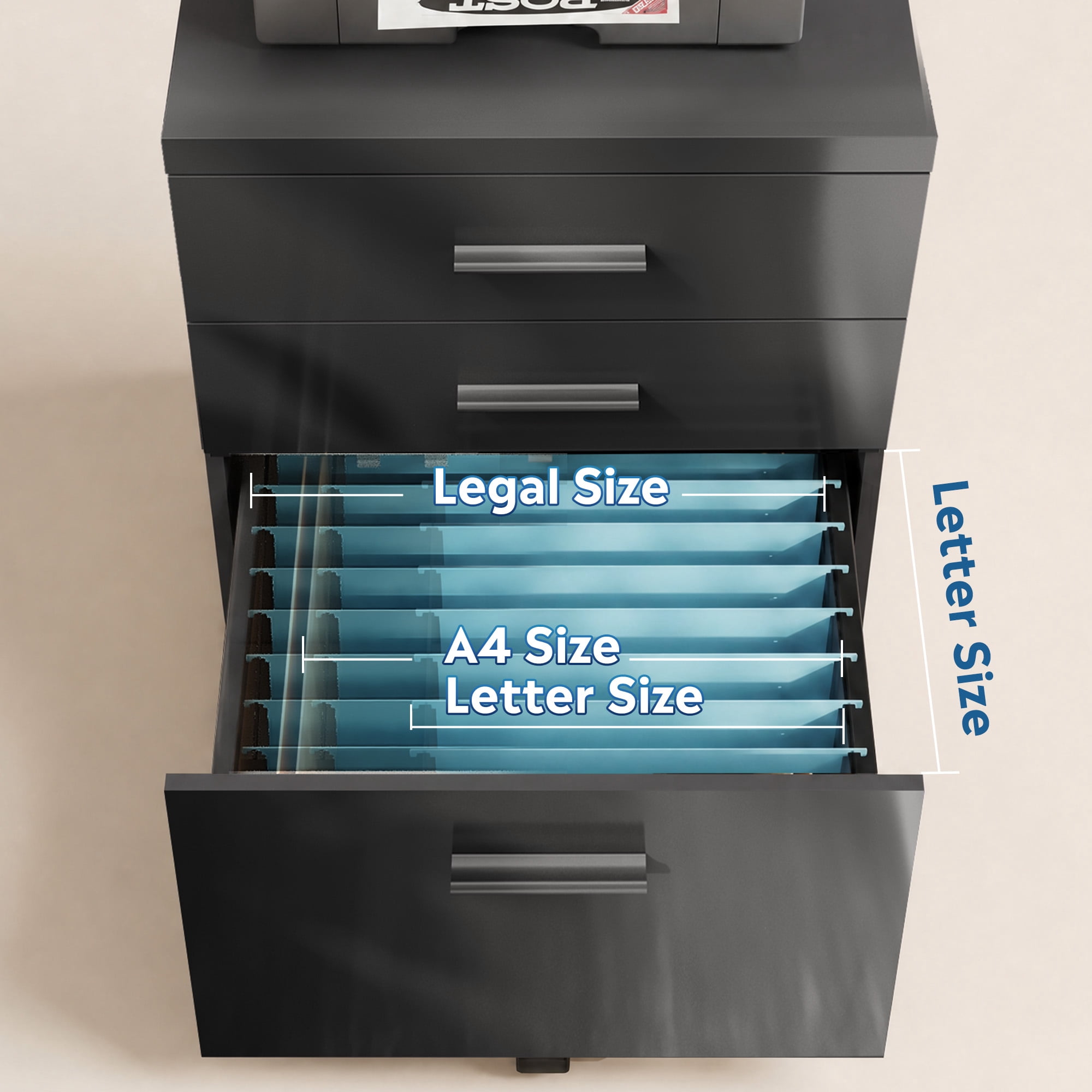GALAXHERO Wood Rolling File Cabinet with 3 Drawers(Widen), Portable Vertical Mobile Wooden Storage Filing Cabinet, for Home Office, Black