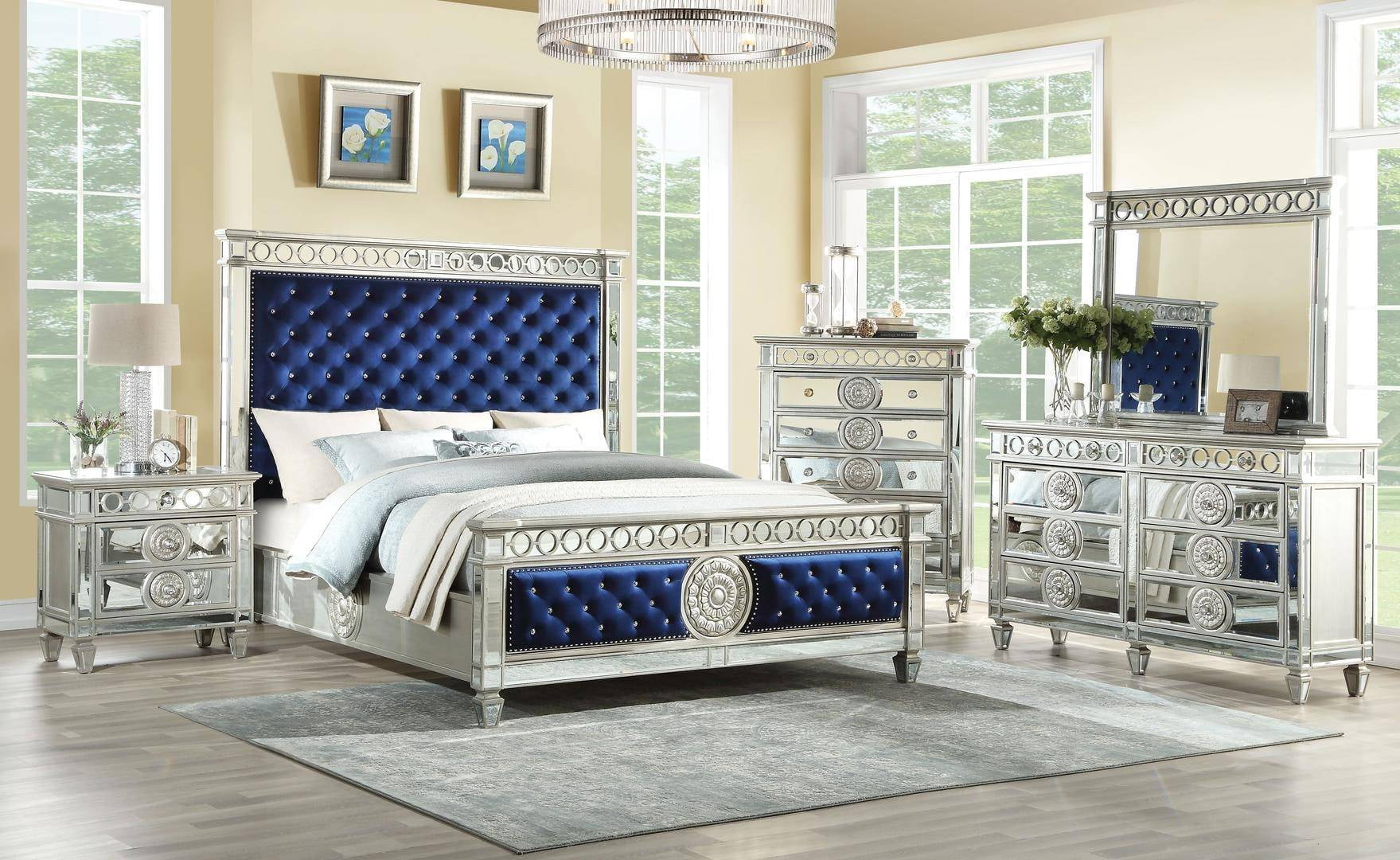 4pc Bedroom Furniture Set Blue Velvet & Mirrored Finish Eastern King