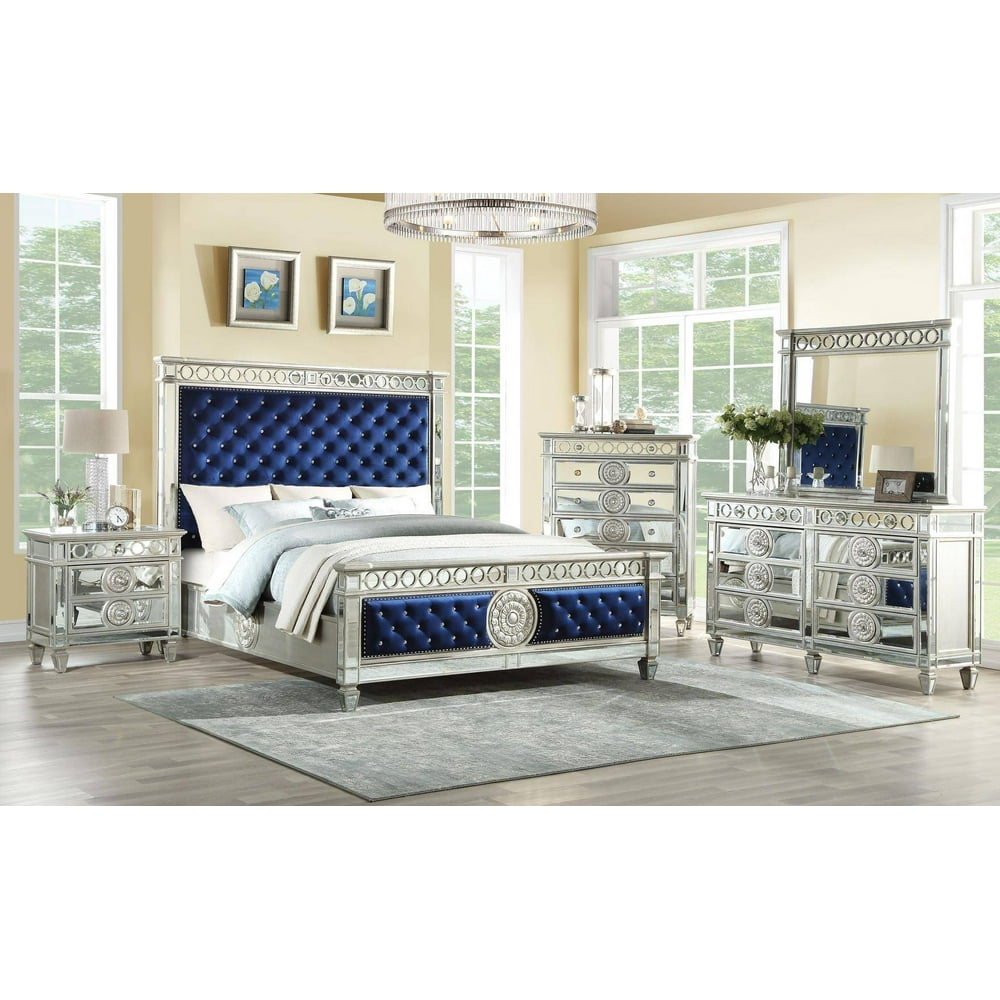 4pc Bedroom Furniture Set Blue Velvet & Mirrored Finish Eastern King
