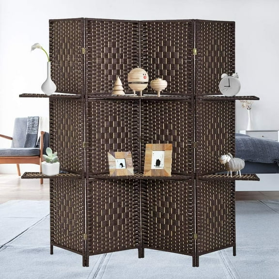 XF XINFENG 6 ft Wood 4-Panel Room Divider and Folding Privacy Screen with 2 Tier Display Shelves, Decorative Screen Freestanding Office Temporary Wall Divider Diamond Room Partition, Brown