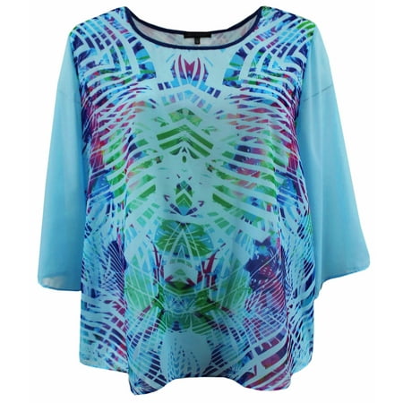 Abstract Blouse - Plus Size Women Two Tone Color Chiffon Abstract Blouse Tee T Shirt Knit Top Blue 1X (17024)