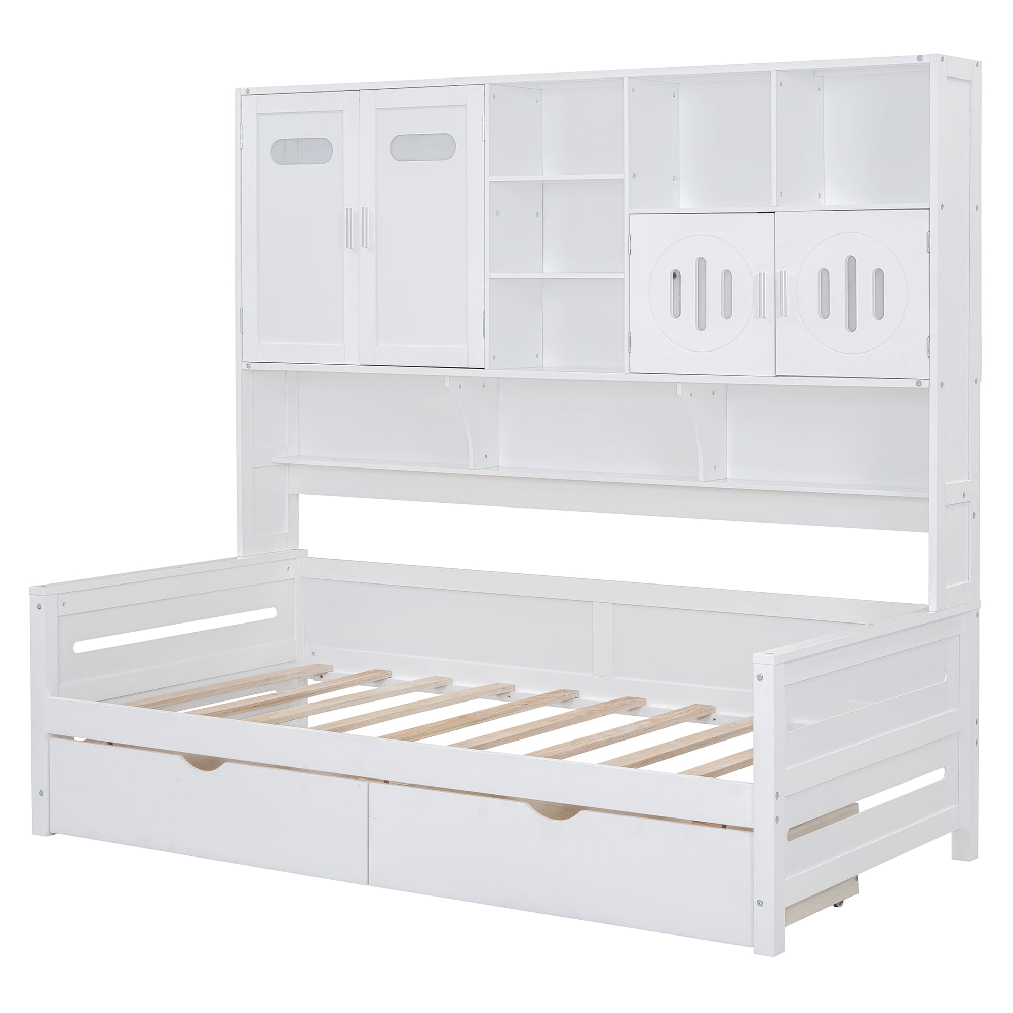 Mintazer Twin Platform Bed with Side Bookcase & 2 Drawer and 2 Cabinets, All-in-One Wood Storage Daybed Frame for Kids Teens Bedroom Guest Room, White