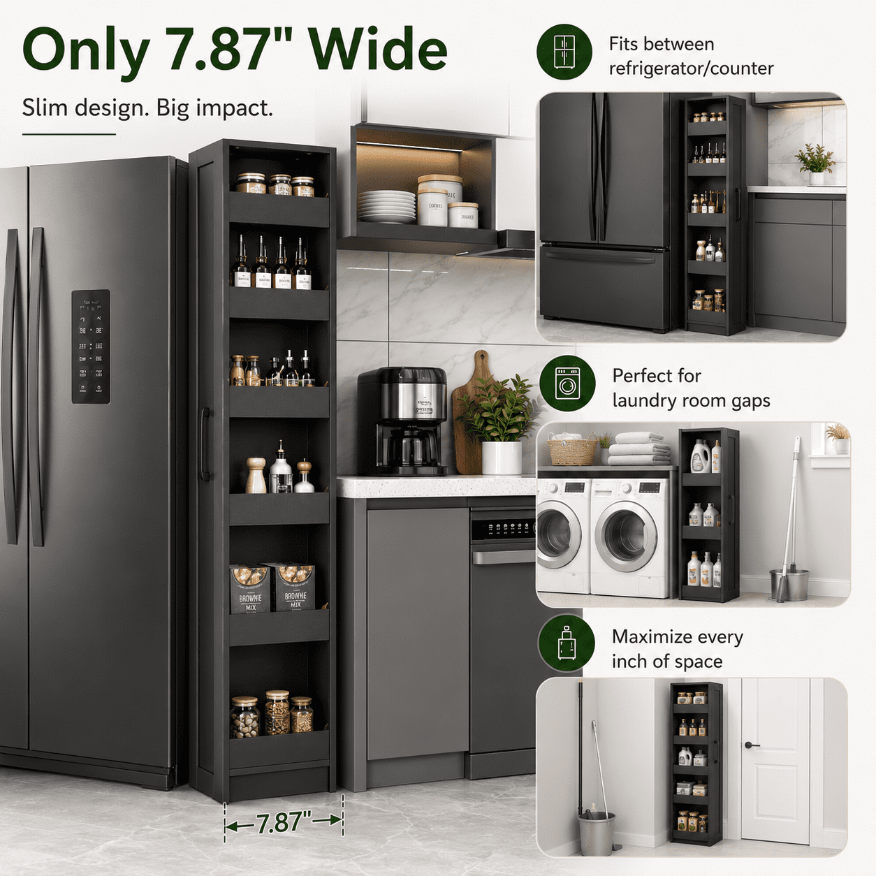 Aukfa 7-Tier Slim Rolling Pantry Cabinet, 68.3" Narrow Pull-Out Kitchen Storage Cart with Handle and Casters,Black