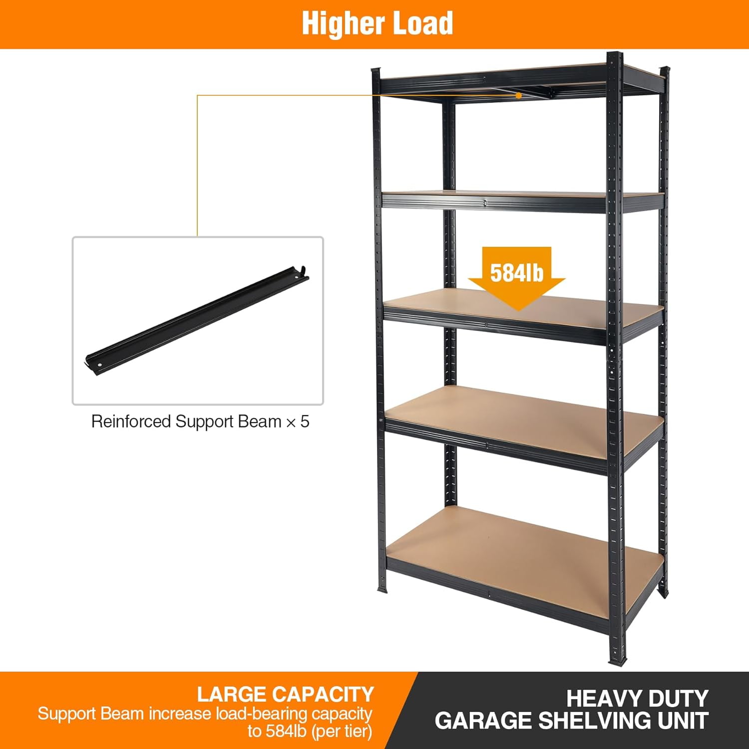 Miniyam 2000LBS Capacity 5 Tier Laminated Metal Shelving Unit, Adjustable Storage Rack, Black