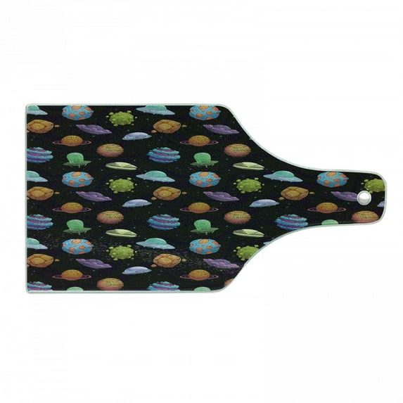 Space Cutting Board, UFOs and Planets Gas Giant Alien Environments Science Fiction Elements, Decorative Tempered Glass Cutting and Serving Board, Wine Bottle Shape, Multicolor, by Ambesonne