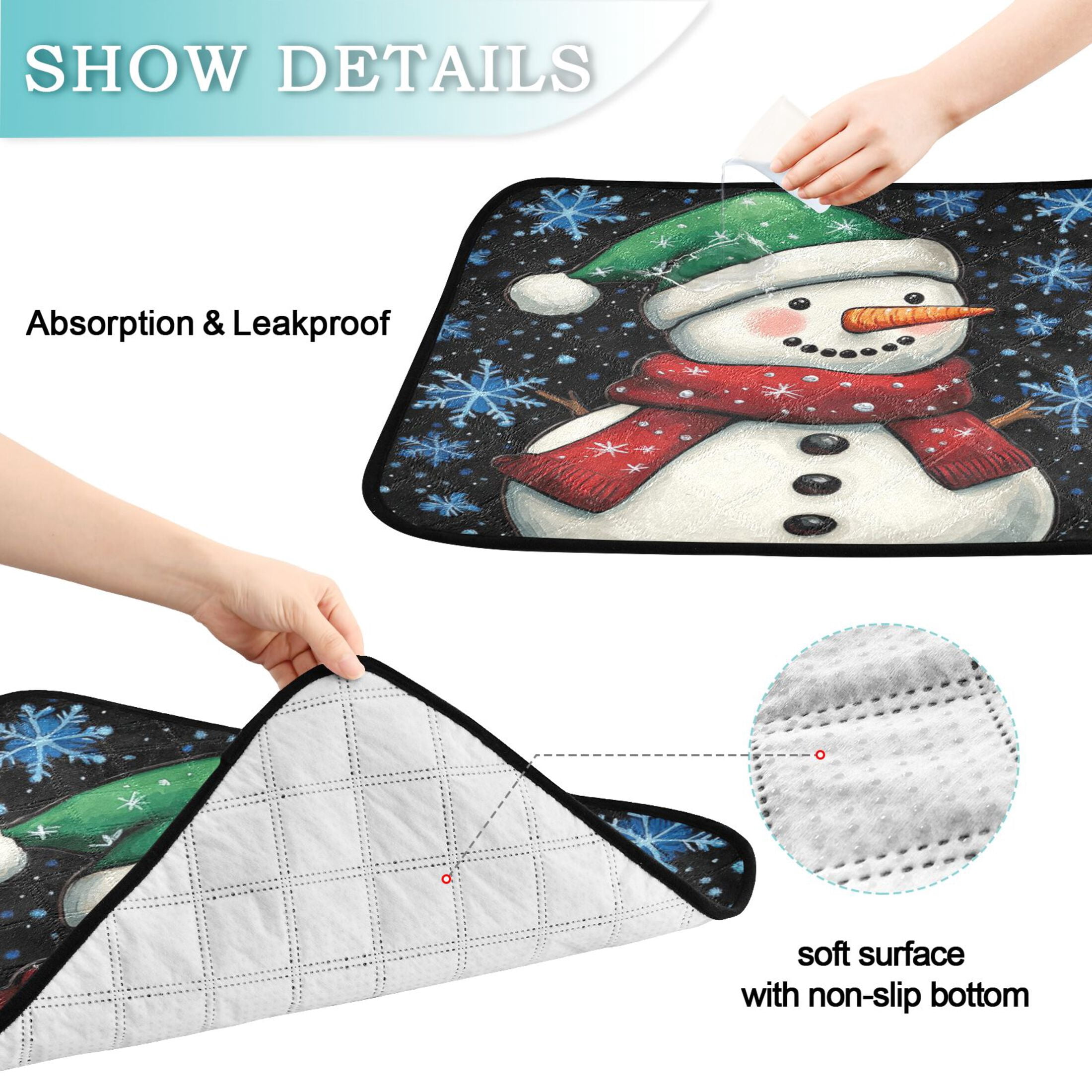 Qxltty A Snowman with A Green Christmas Hat Cat litter Pads Pet Set of 3 Diaper Mats Center Anti-leakage Layer Absorbent Soft and Comfortable