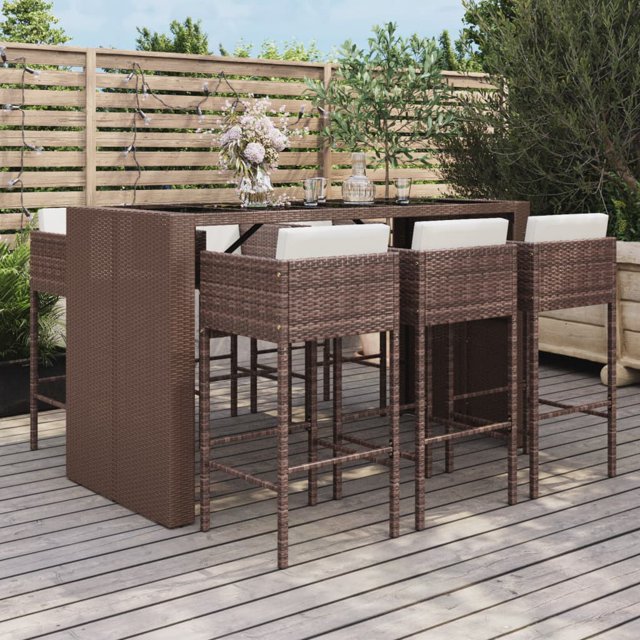 vidaXL Ensemble de Bar de Jardin 7 Pcs avec Coussins en Poly Rotin Marron