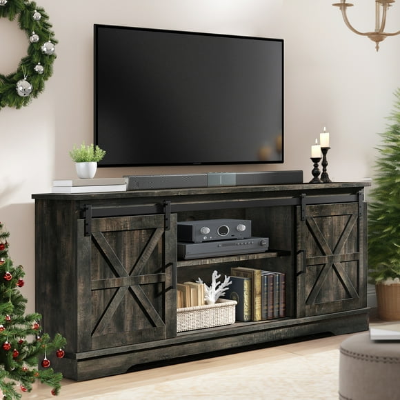 DEXTRUS Farmhouse 59” TV Stand with Storage Cabinet for TVs up to 65", Entertainment Center with Sliding Barn Door for Living Room, Dark Rustic Oak
