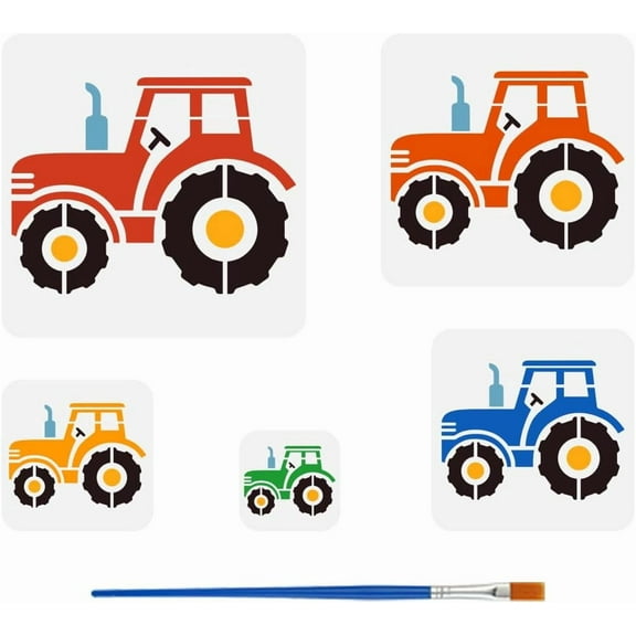 5 PCS Tractors Stencil with 1 Pc Plastic Paint Brush 5 Sizes Tractors Pattern Painting Stencils Plastic Tractor Vehicles Decoration Template