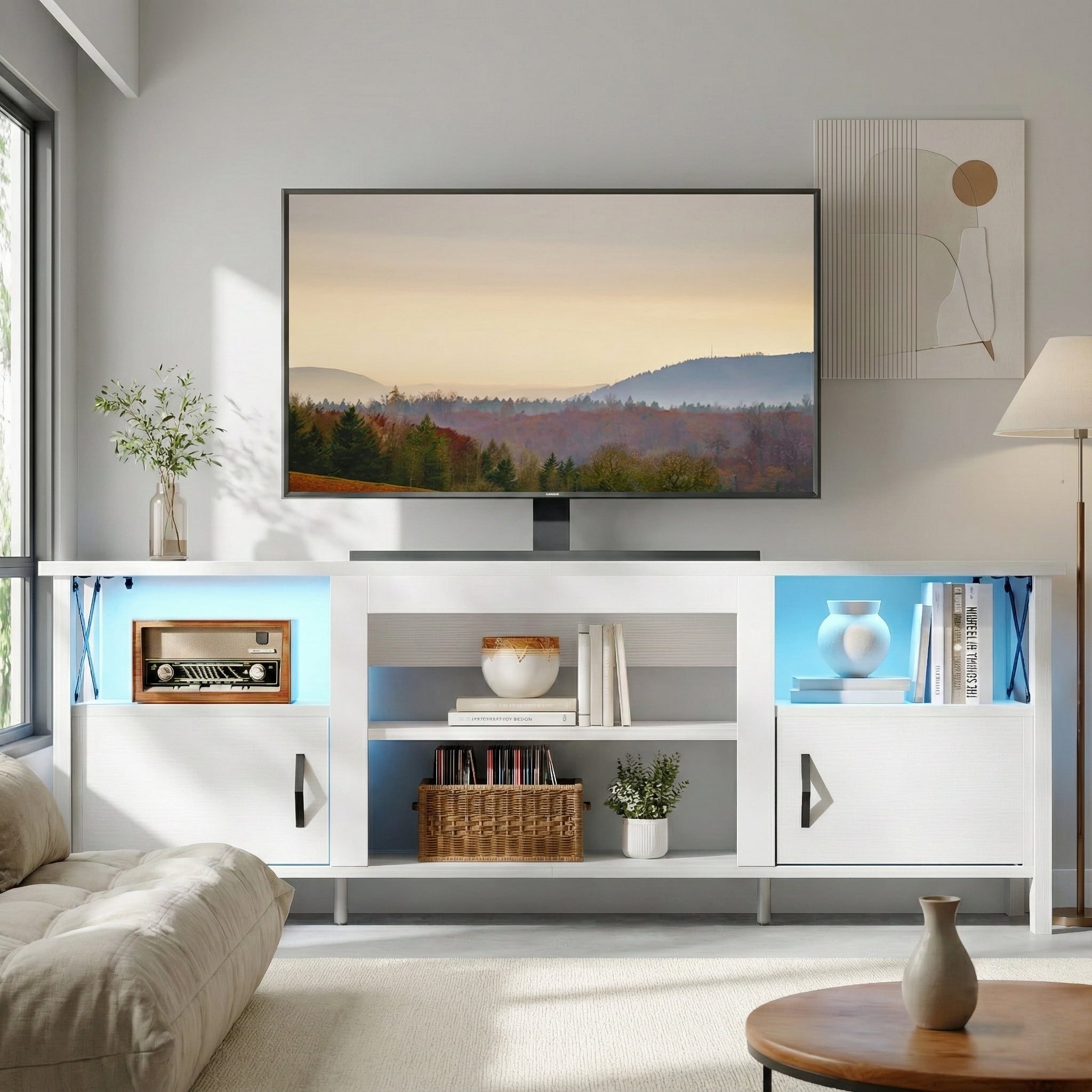 Bestier LED TV Stand for 65 inch TV Entertainment Center for TVs with Storage Cabinet in White
