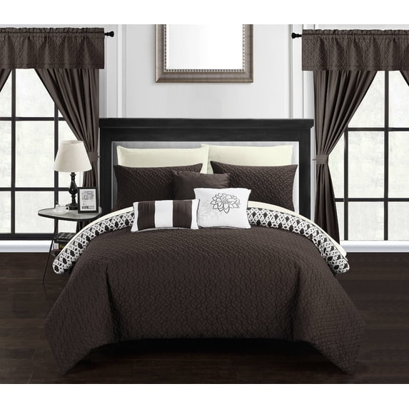 Chic Home CS8166-US 20 Piece Rotem Reversible Geometric Quilted Design Comforter Bedding Set, Brown - Queen