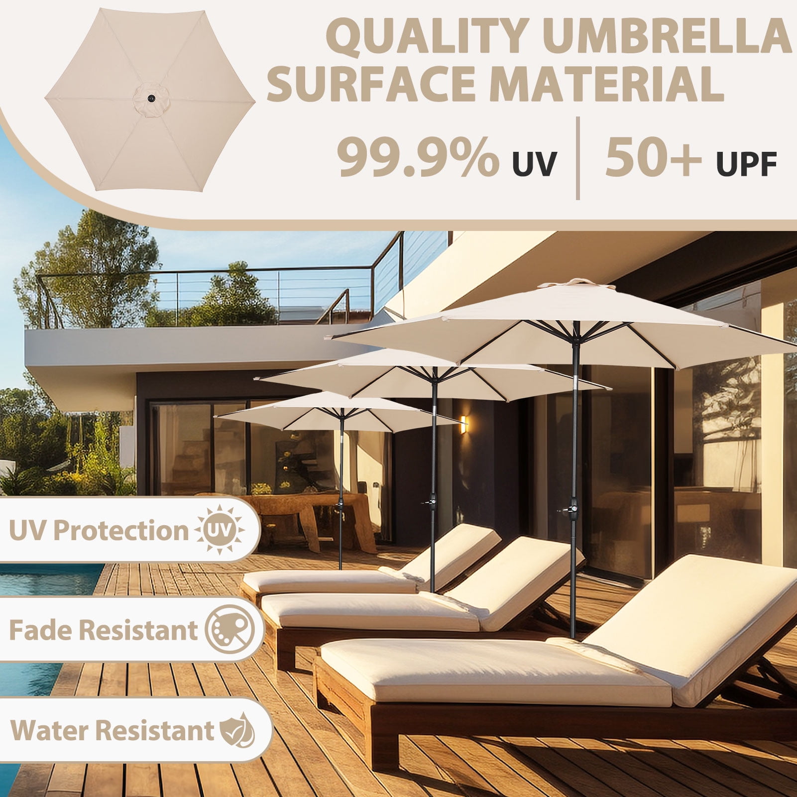 Autlaycil 9ft Beige Outdoor Patio Umbrellas, Sturdy Ribs with Tilt and Crank for Table Garden Market and Poolside