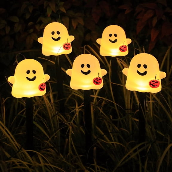 5 Pack Waterproof Solar Ghost Yard Stake Lights, Outdoor Pathway LED Seasonal Ornaments, Weatherproof Halloween Walkway Landscape Stake Lamp For Backyard Patio Party