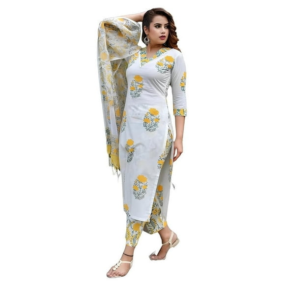 KLOSIA Women Straight Block Printed Kurta and Pant Set with Dupatta - Indian Ethnic Traditional Wear Kurta Set