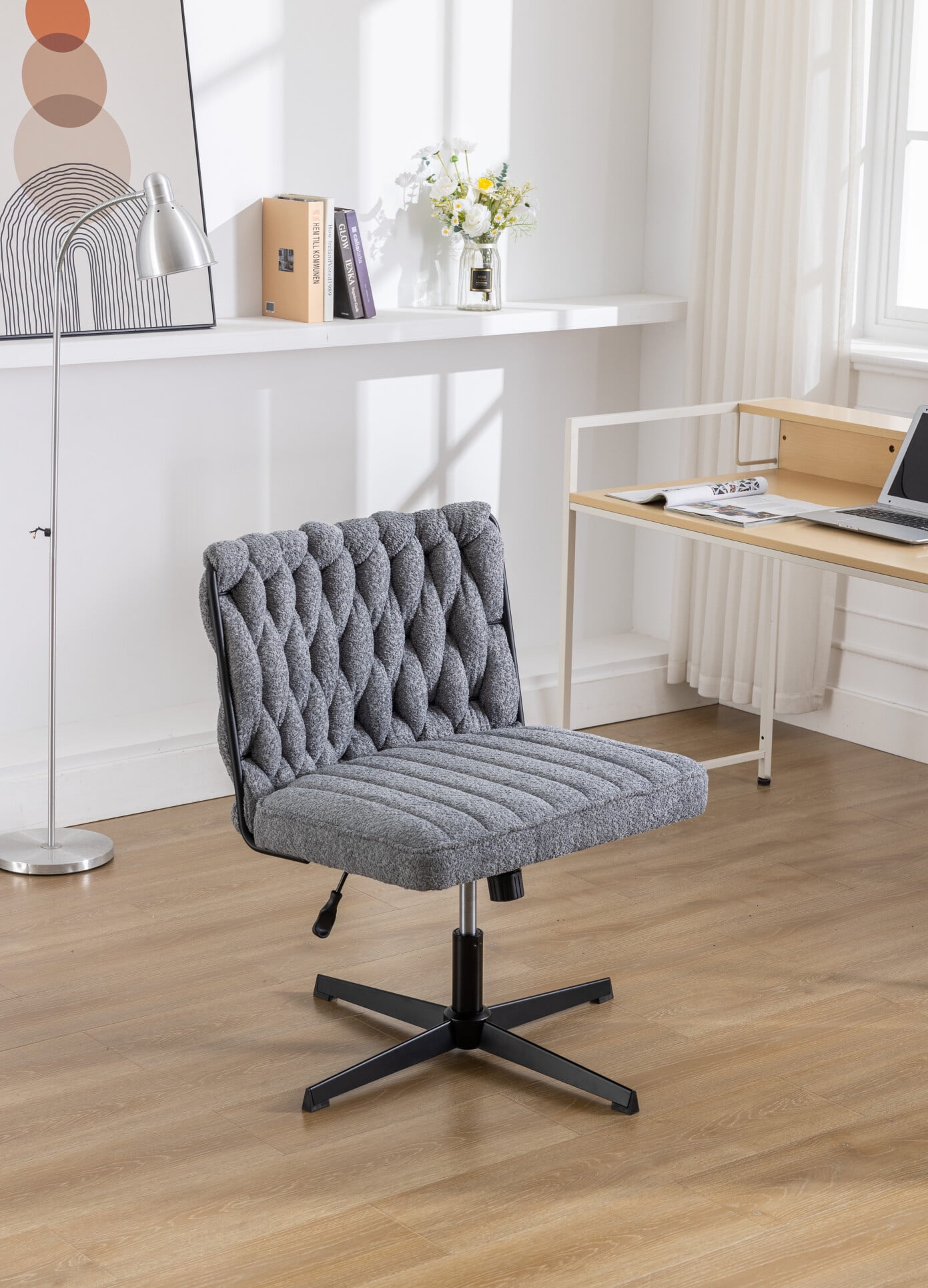 Cross Legged Office Chair Armless Velvet Desk Chair No Wheels