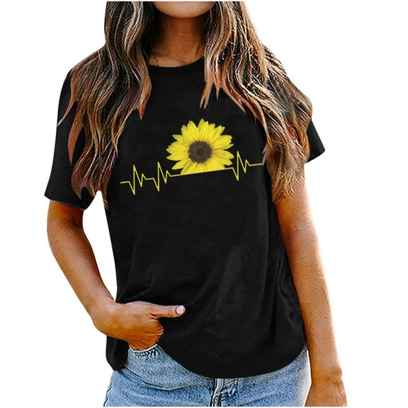 USSUMA Sunflower Print T-Shirts for Women Trendy Funny Teens Cute Graphic Women's Shirts and Blouses Short Sleeve Women Tops Dressy Casual Summer Round Neck Plus Tunics Beach