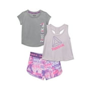 Reebok Baby and Toddler Girl Graffiti Print Tank, Tee and Shorts, 3 Piece Outfit Set, 12 Months-5T