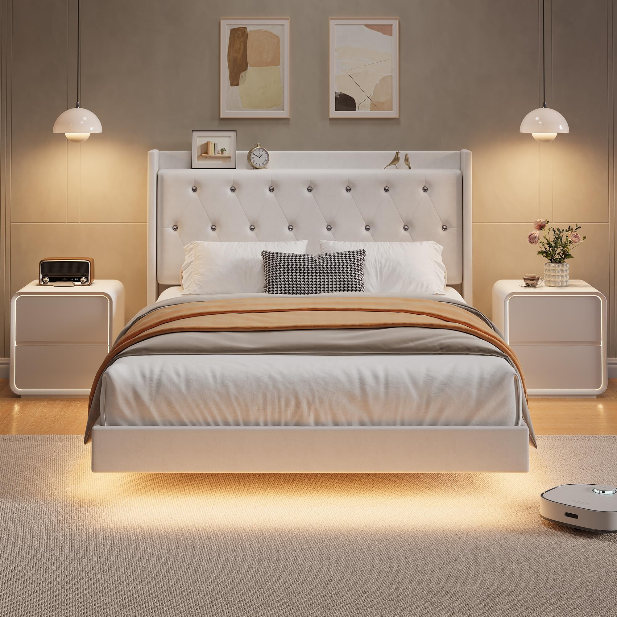 Floating Bed Frame, Queen Bed Frame, Velvet Upholstered Platform Bed with Storage Headboard, RGB LED Light, Wood Slats, Noise Free, Easy Assembly
