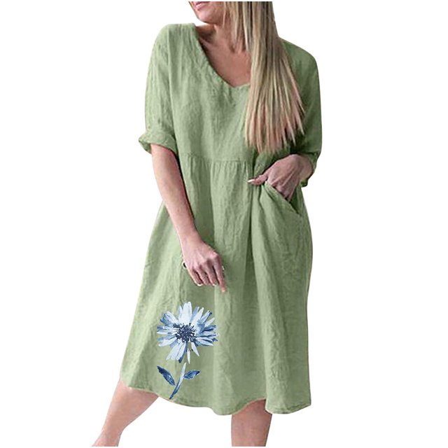DPTALR Robe d'Été Décontractée à Imprimé pour Femmes, Manches Trois-Quarts 3/4, Col en V