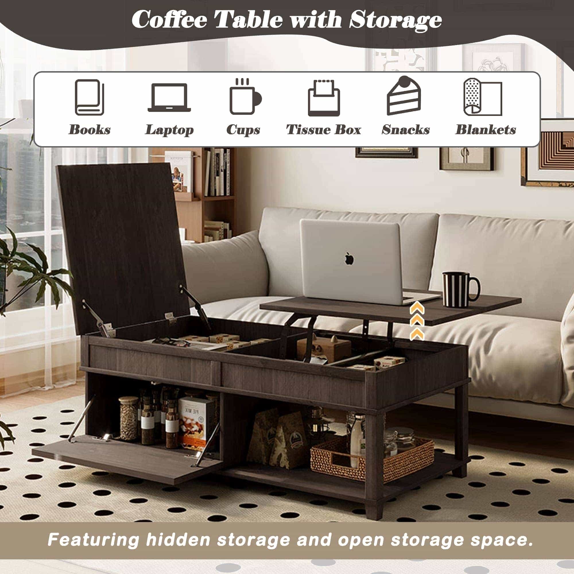 Homy Casa 46.9 in Lift Top Coffee Table with Hidden Storage for Living Room Dark Brown