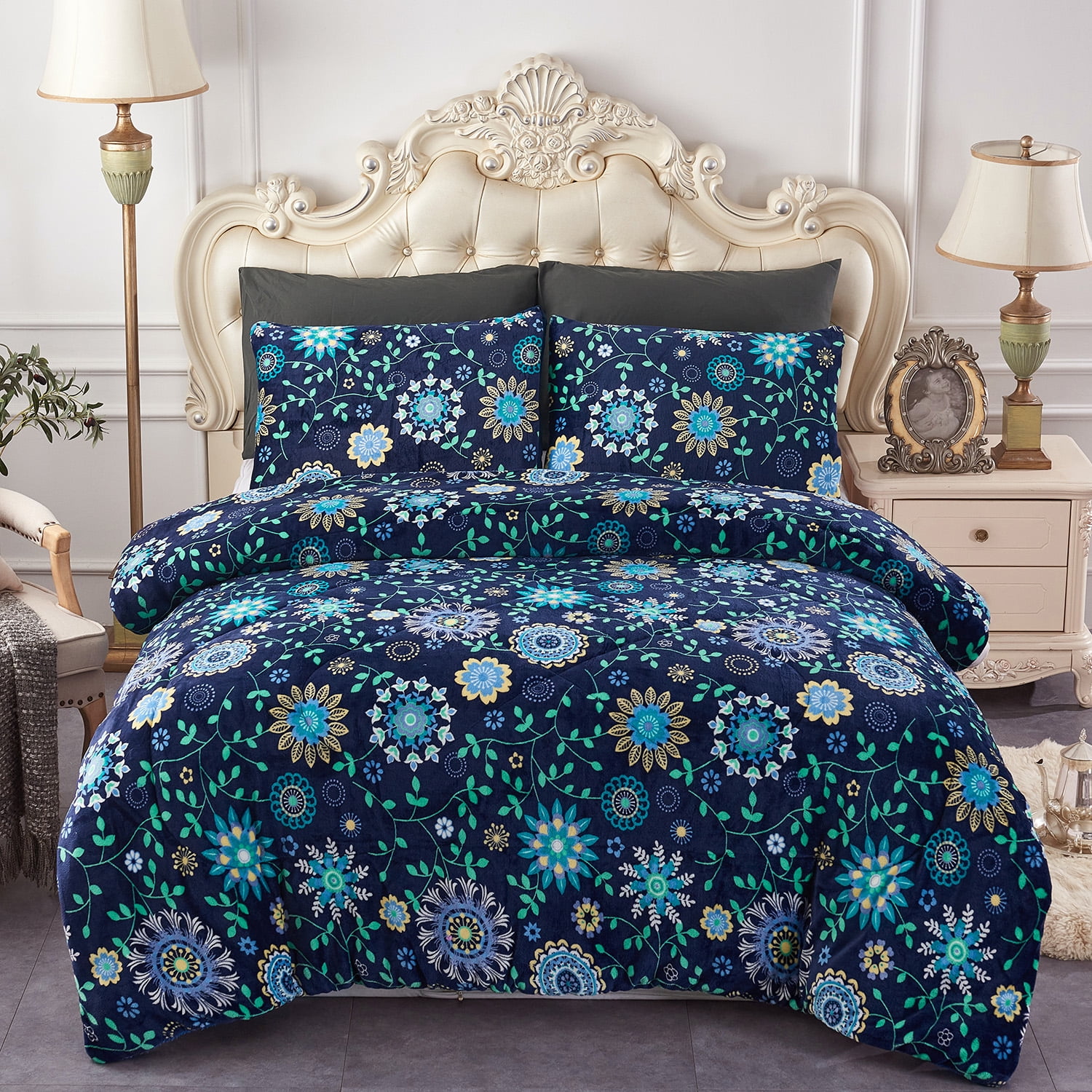 JML Plush Sherpa Bed Blanket, Fluffy & Soft, Reversible, Thick, Queen 75"x83",Navy Floral