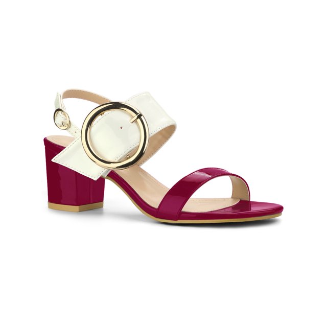 BLISSFUL STEP Slingback Sandals Contrast Color Chunky Heel Big Circle Buckle Sandals Hot Pink White 7