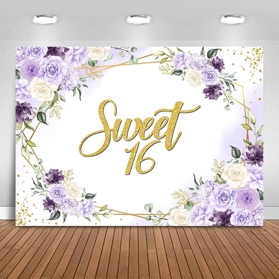 Sweet 16 Backdrop Purple and White Flowers 16th Birthday Photography Background for Girls Golden Glitter Dots 16th Birthday Party Decorations Banner Photo Booth Props