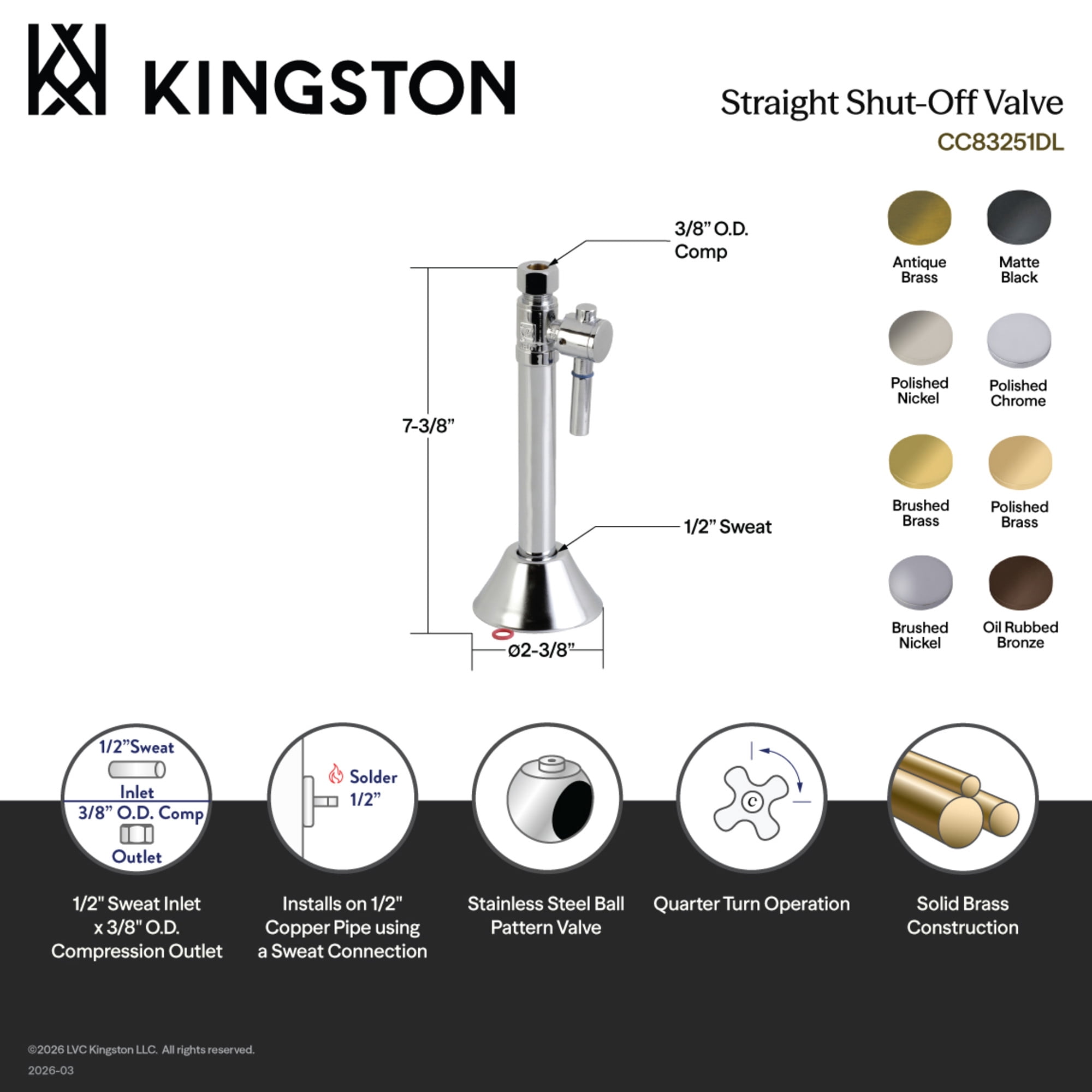 Kingston Brass CC83256DL 1/2-Inch Sweat x 3/8-Inch O.D. Comp Straight Shut-Off Valve with 5-Inch Extension in Polished Nickel