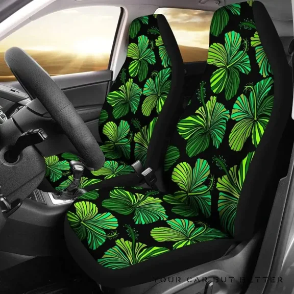 Black With Hibiscus Pattern In Gray and White Car Seat Covers Hawaiian Pack of 2 Universal Front Seat Protective Cover
