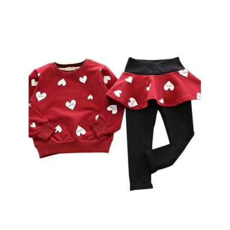 

HOTWINTER 2-Pieces Toddler Little Girls Outfit Clothing Set Heart Print Hoodie Top+Long Pantskirts