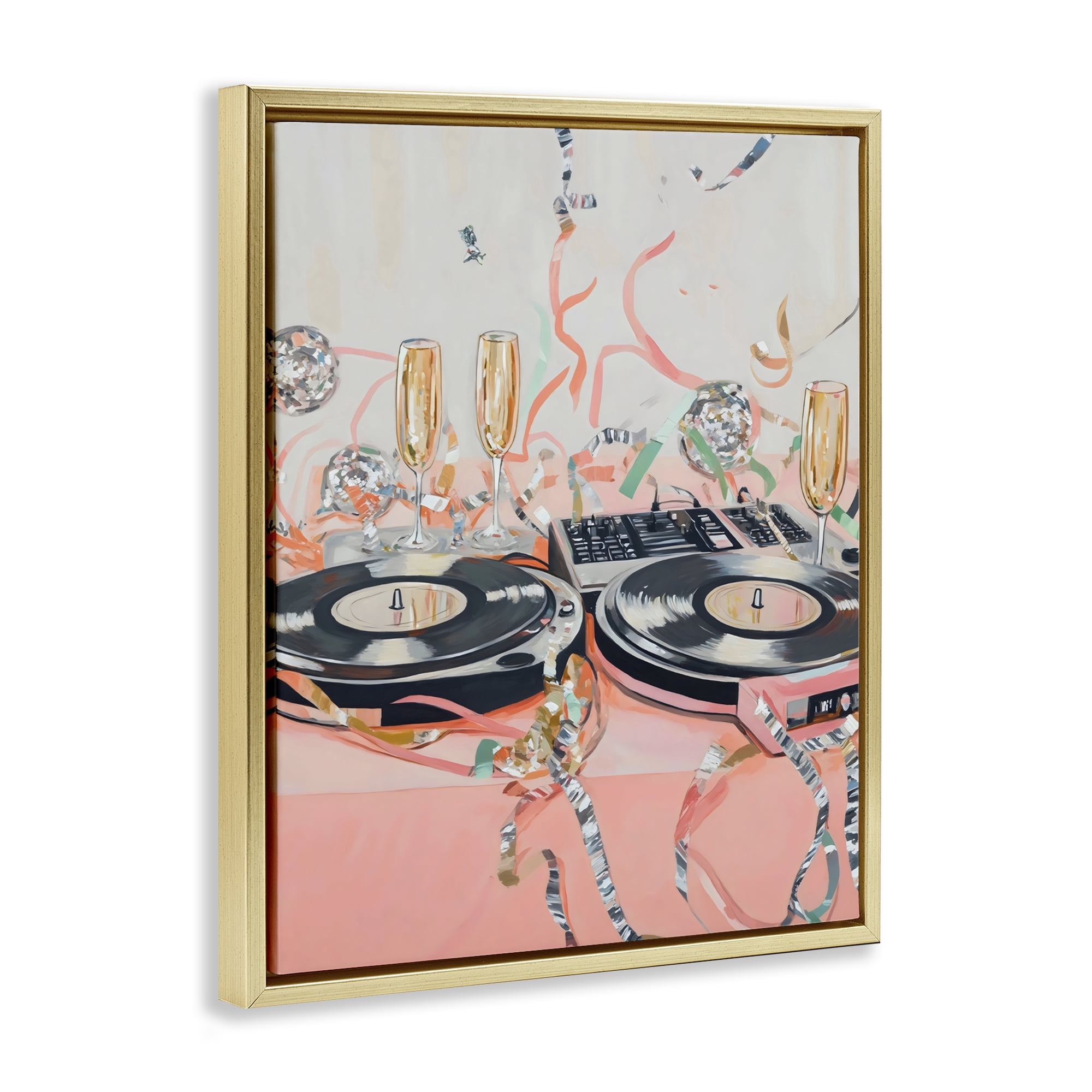 Stupell Industries Retro Turntable & Champagne Party Gold Framed Floater Canvas Wall Art, design by The Prints Vibe